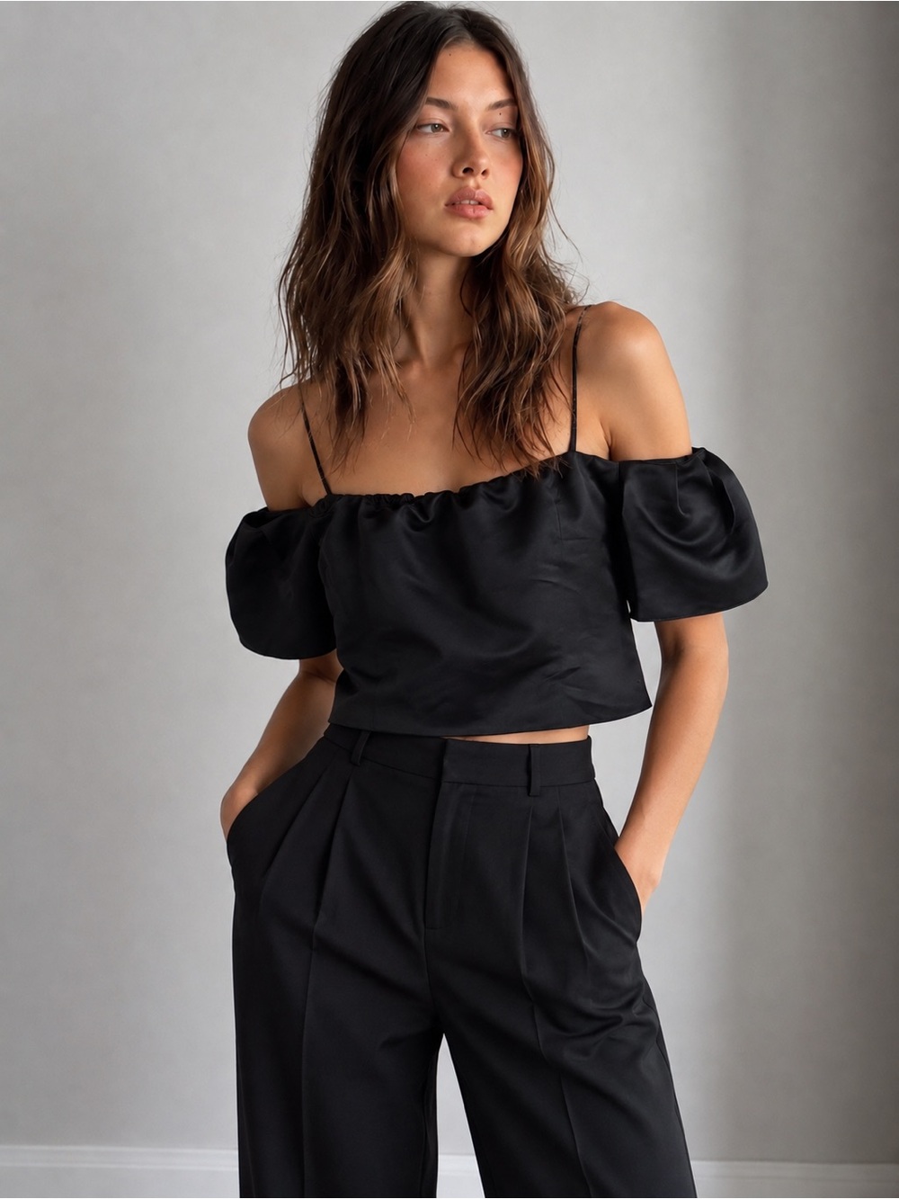 Aritzia Talula Satin Cold Shoulder Structured Puff Sleeve Black Top Size XXS